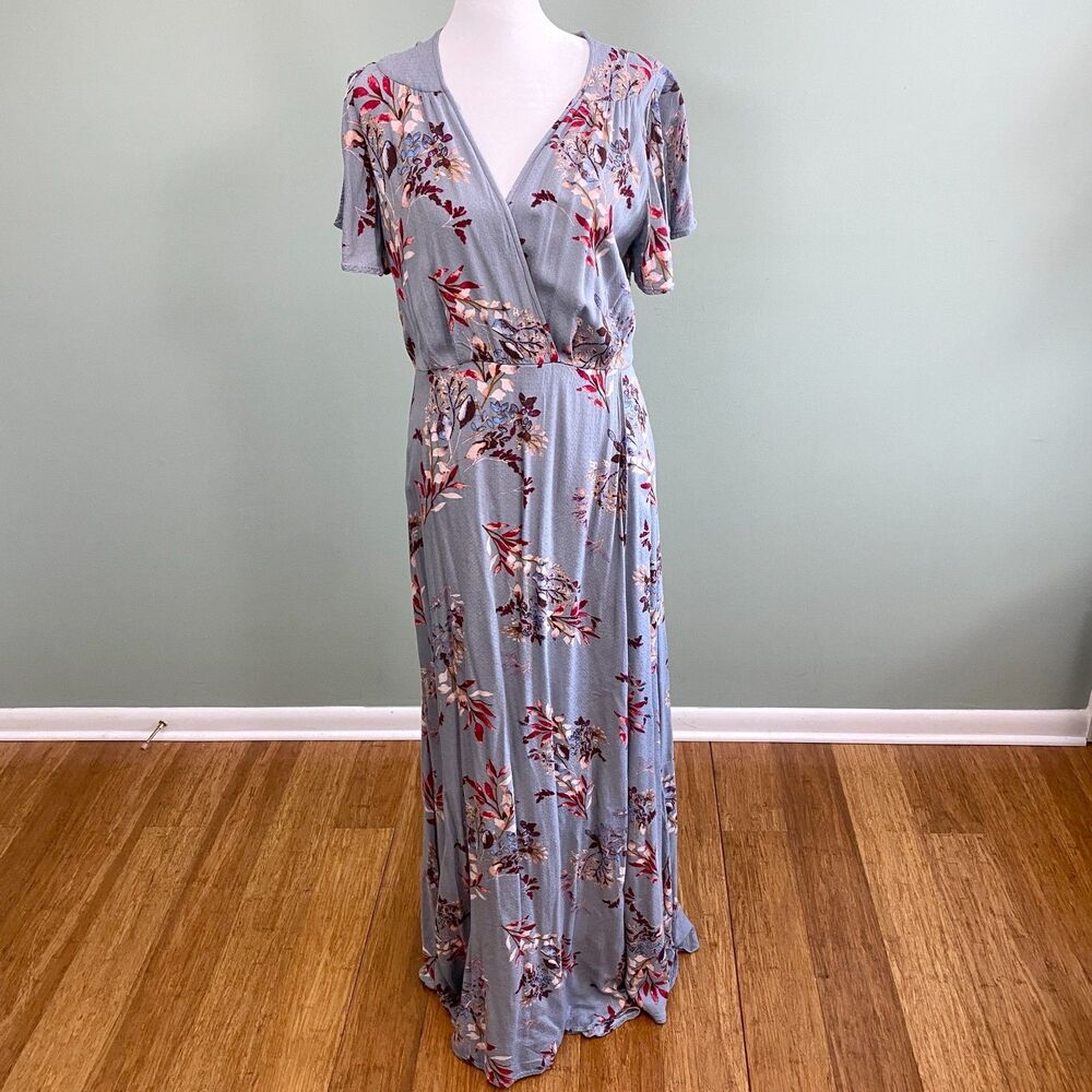 Lulus Floral Maxi Dress Womens Medium Gray Flutter Sleeve Faux Wrap Cottagecore